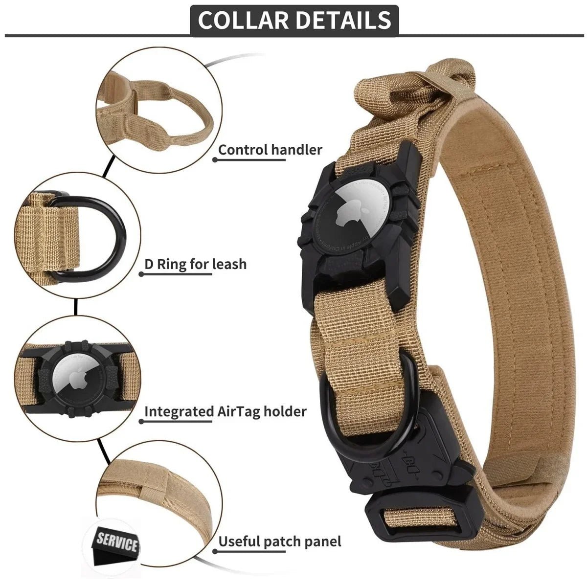 Tactical Dog Collar with AirTag Holder - Heavy Duty, Adjustable, Secure Fit - Tails on Trails