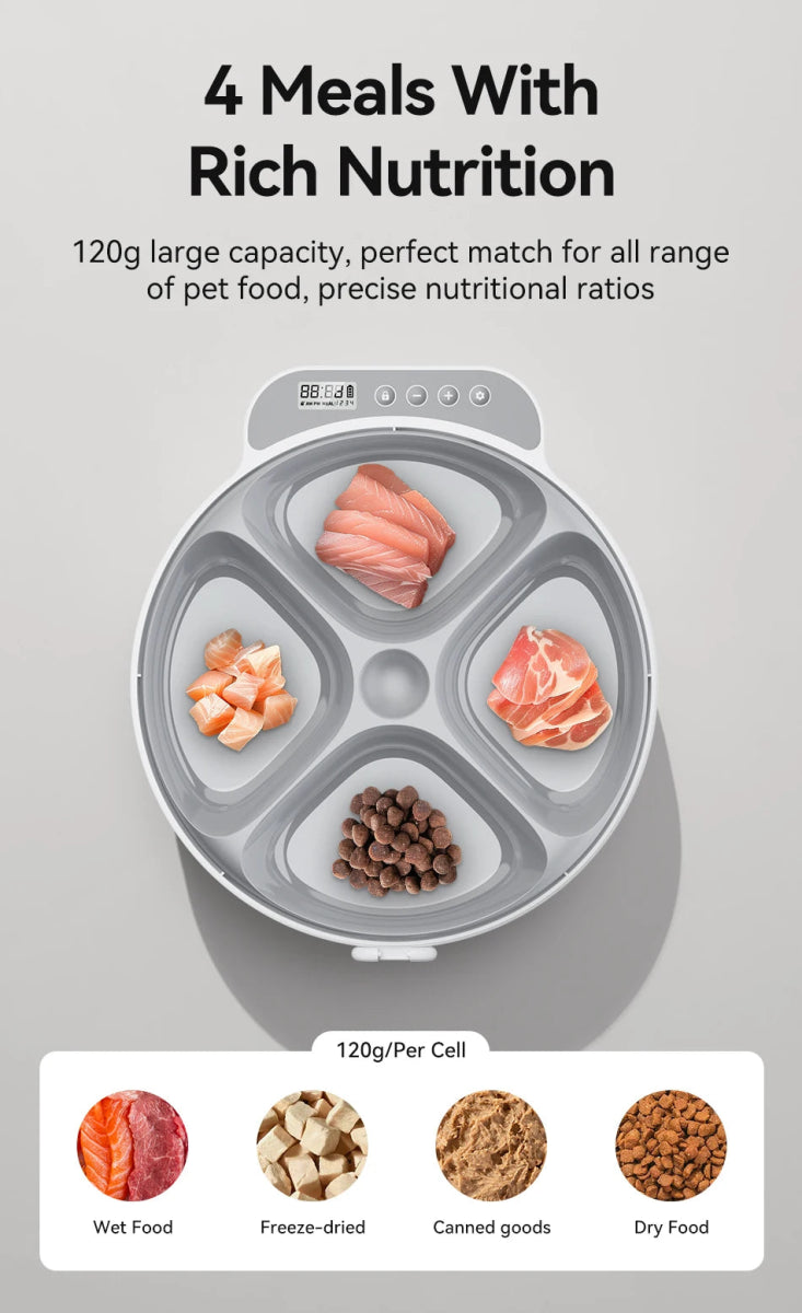 Luxury Smart Automatic Pet Feeder – 4 - Meal Dispenser for Wet & Dry Food with Wireless Timer Control - Tails on Trails