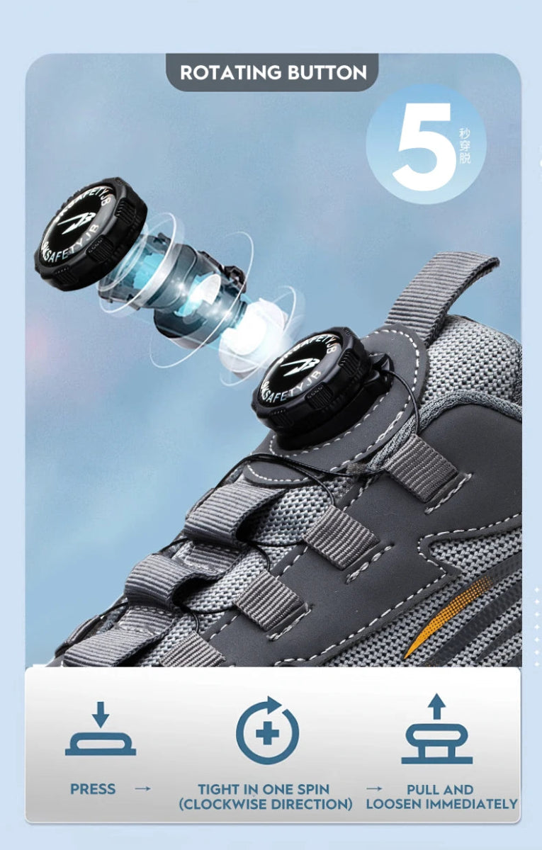 Men’s Safety Work Shoes – Anti - Smash, Anti - Puncture Steel Toe Boots with Rotating Button Closure - Tails on Trails