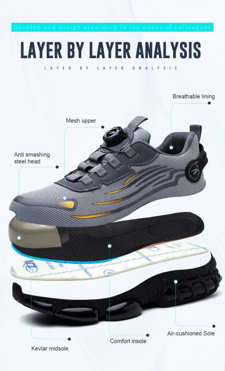 Men’s Safety Work Shoes – Anti - Smash, Anti - Puncture Steel Toe Boots with Rotating Button Closure - Tails on Trails