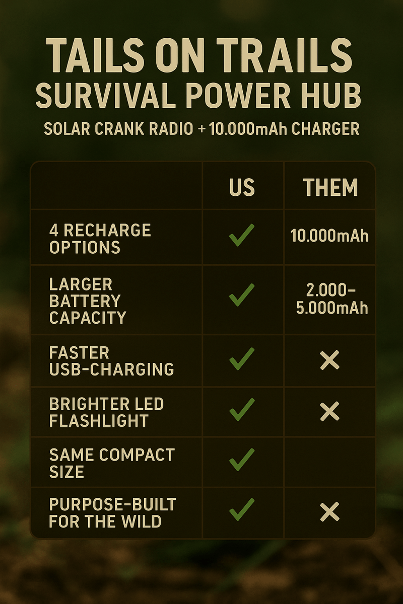 Survival Power Hub – Solar Crank Radio + 10,000mAh Charger - Tails on Trails